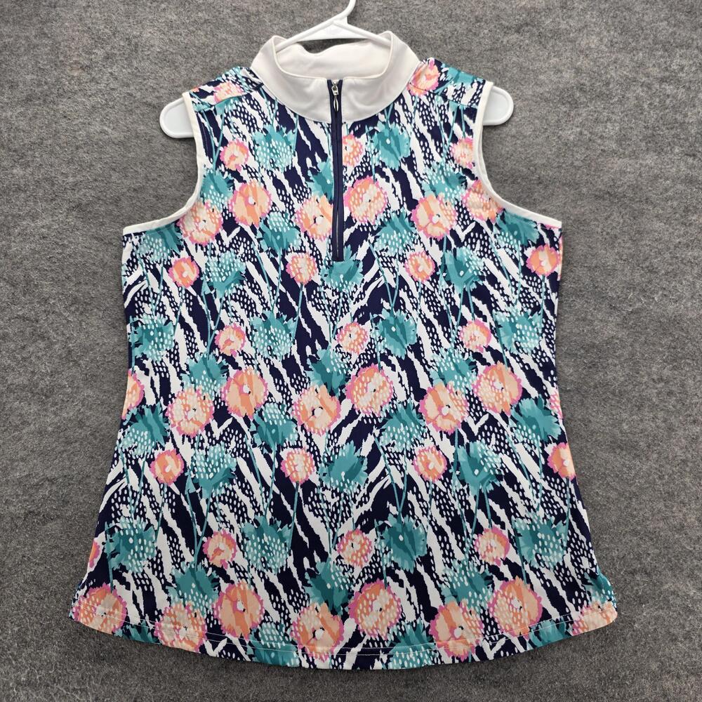 Pebble Beach Polo Shirt Womens Large Navy Multi Floral Dry Luxe Performance Golf